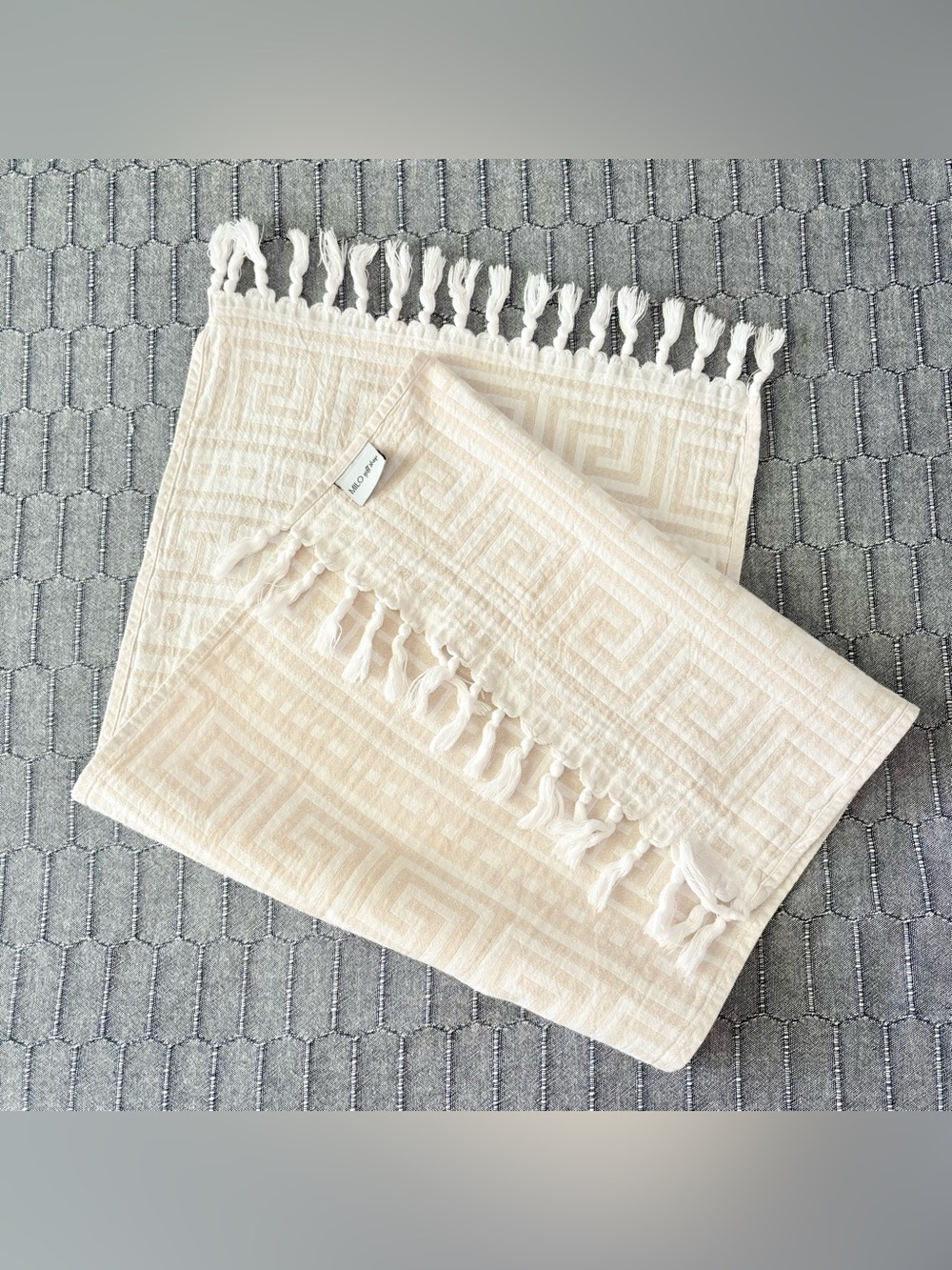 Turkish Cotton Hand Towel Greek Key Beige White Fringe Neutral Fast Drying